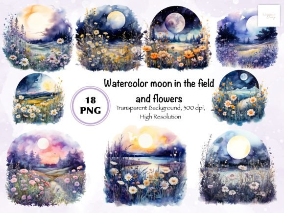 Download Watercolor Moon in the Field and Flowers - Watercolor moon Collection