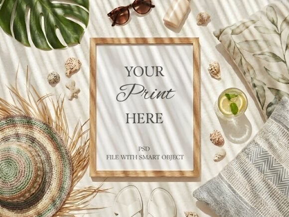 Download Wood Frame Mockup Summer Beach Flat Lay - Wood Collection