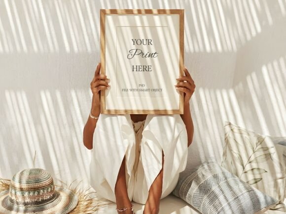Download Wood Frame Mockup Woman Holding Boho - Wood Collection
